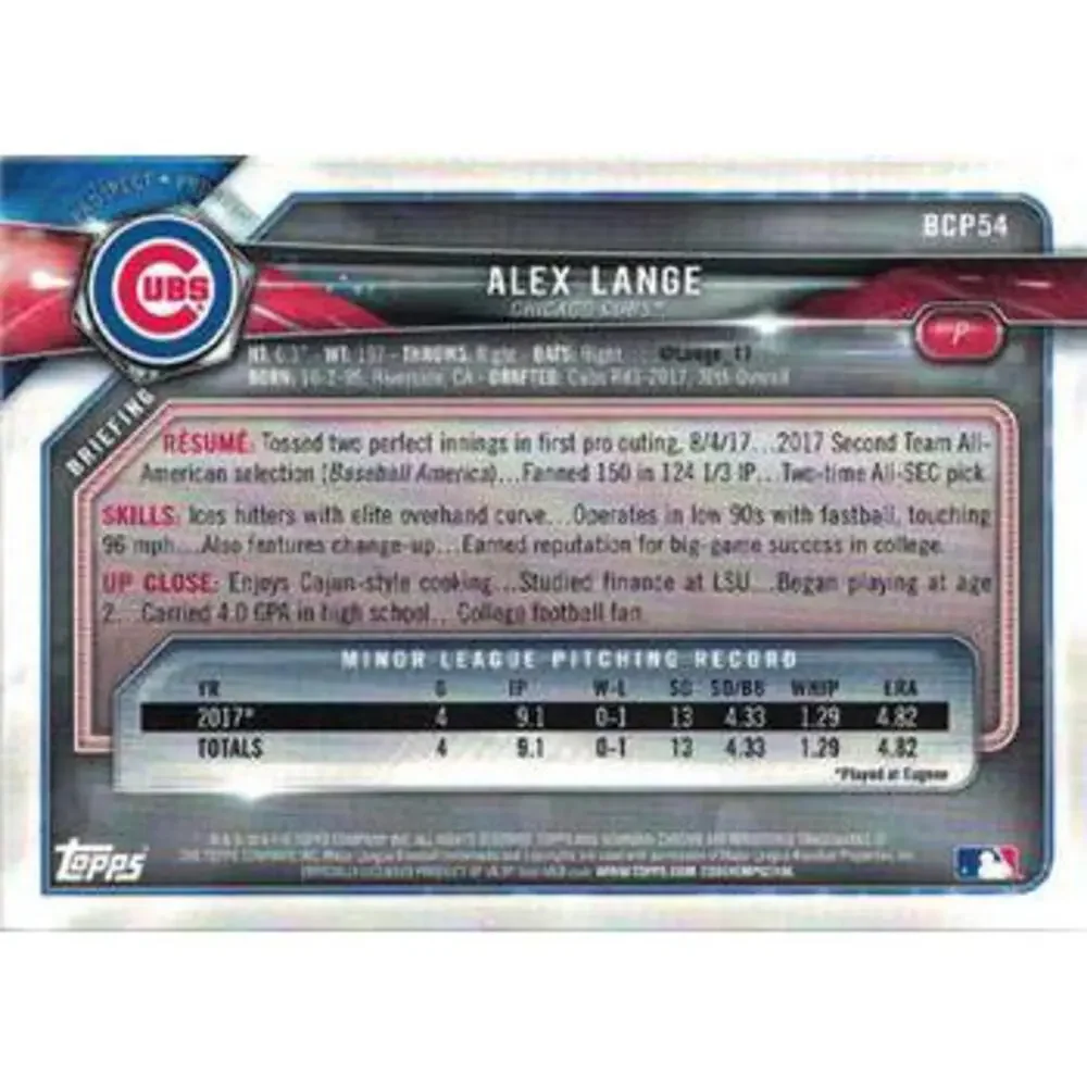 2018 Bowman Chrome Prospects Alex Lange BCP54 Chicago Cubs